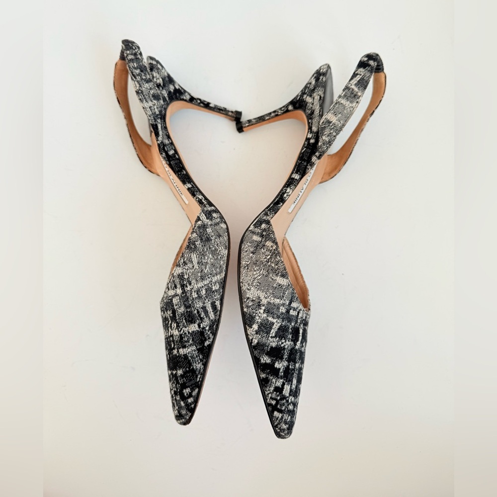 Manolo Blahnik Black beige Plaid 70mm Carolyne slingback pumps EU 39 - Picture 4 of 9